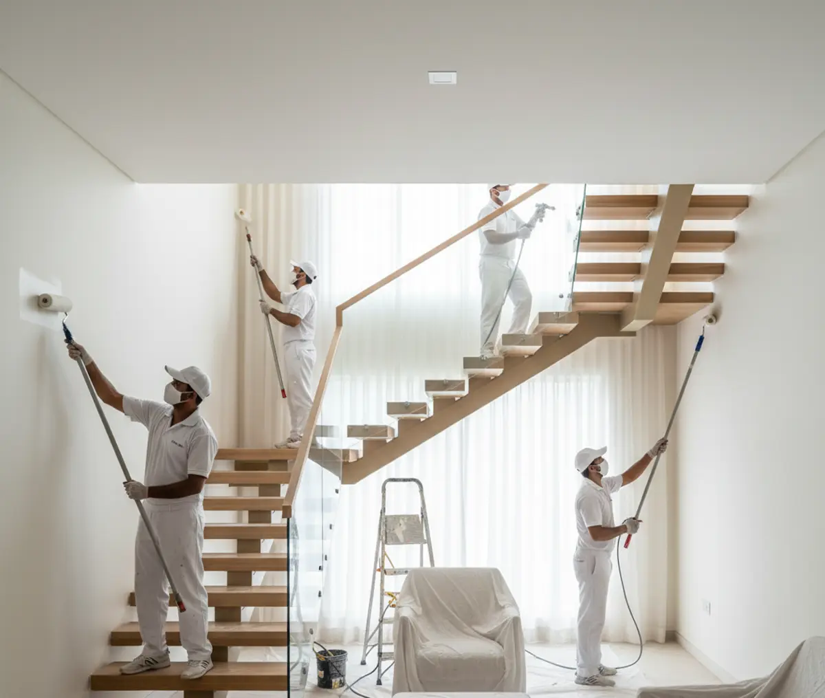 Painters rolling white paint on walls beside a timber staircase, published by New Bombay Painting under the heading High-Rise Apartments
